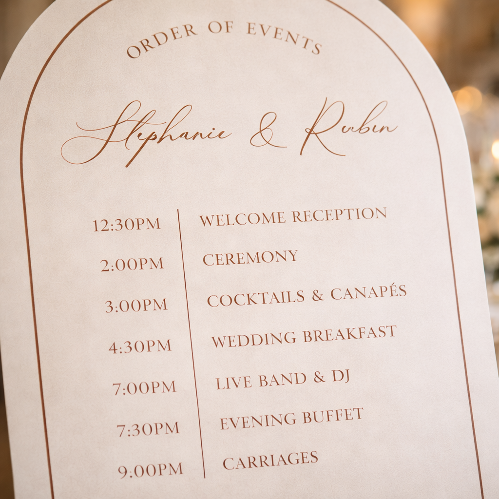 a wedding reception schedule on a sign, with the names Stephanie and Robin listed as the couple. The schedule includes various events such as a welcome reception, ceremony, cocktails and canapés, wedding breakfast, live band and DJ, evening buffet, and carriages.