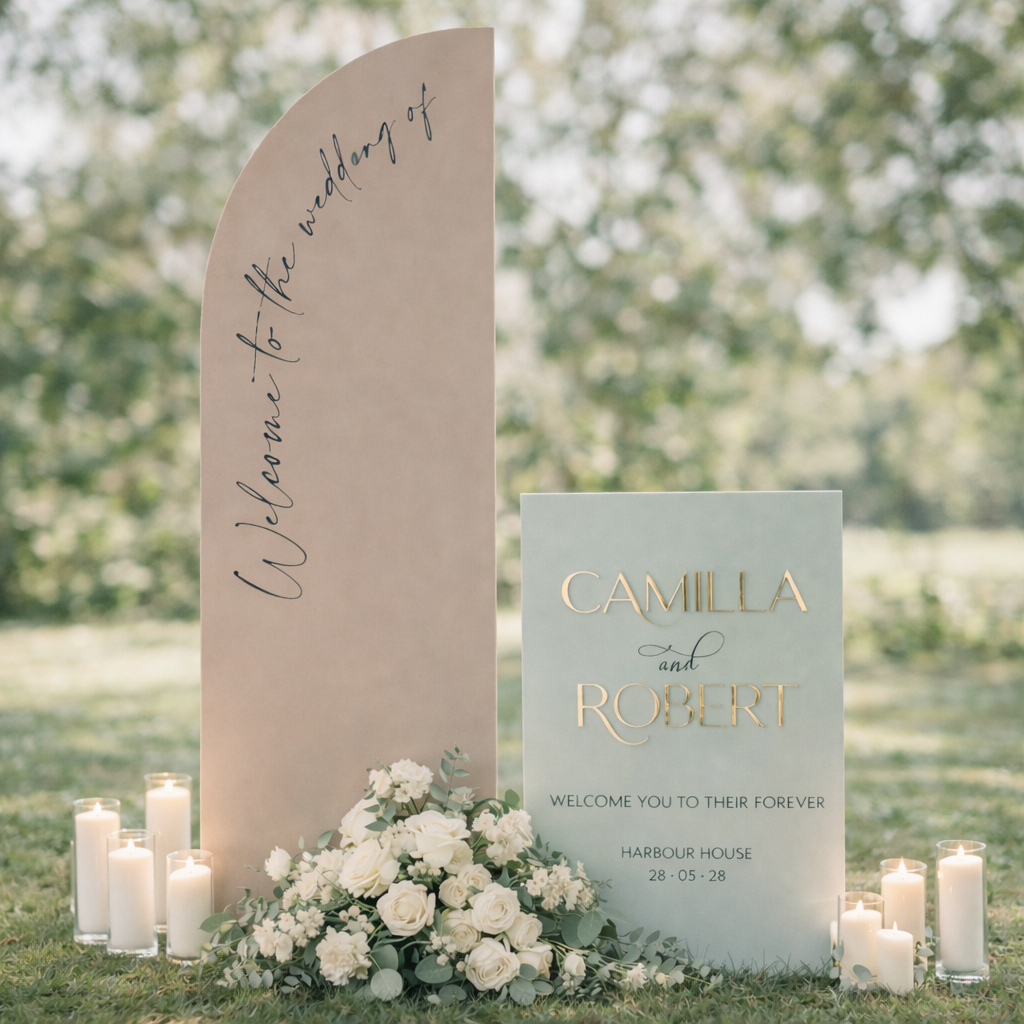 a wedding ceremony setup with a sign welcoming guests to the bride and groom's wedding. The sign is surrounded by white candles and flowers, creating a romantic atmosphere.