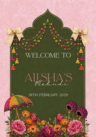 The image is a colorful and ornate welcome sign for a special occasion, featuring a green archway with decorative elements such as flowers, tassels, and bows.