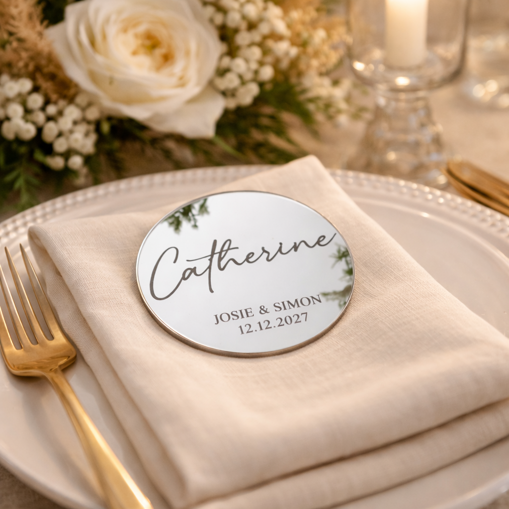A round mirror with the name 'Catherine' and the date '12.12.2027' engraved on it, placed on a white plate with a fork and knife.