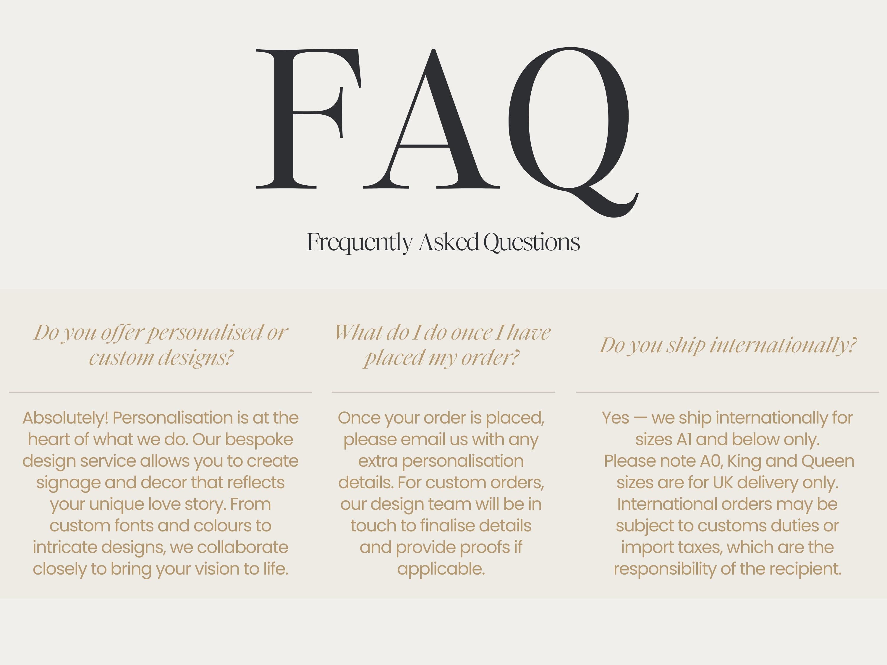 a series of questions and answers related to personalised or custom designs, shipping internationally, and the collaboration between the design team and the recipient. The questions are designed to elicit specific information about the order and the recipient's preferences.