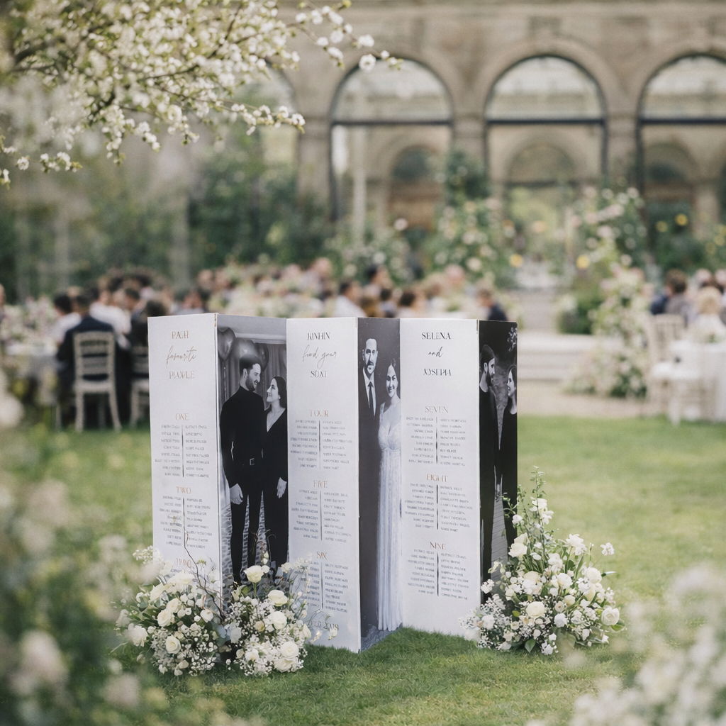 a wedding reception with guests seated at tables, surrounded by a lush garden with blooming flowers.