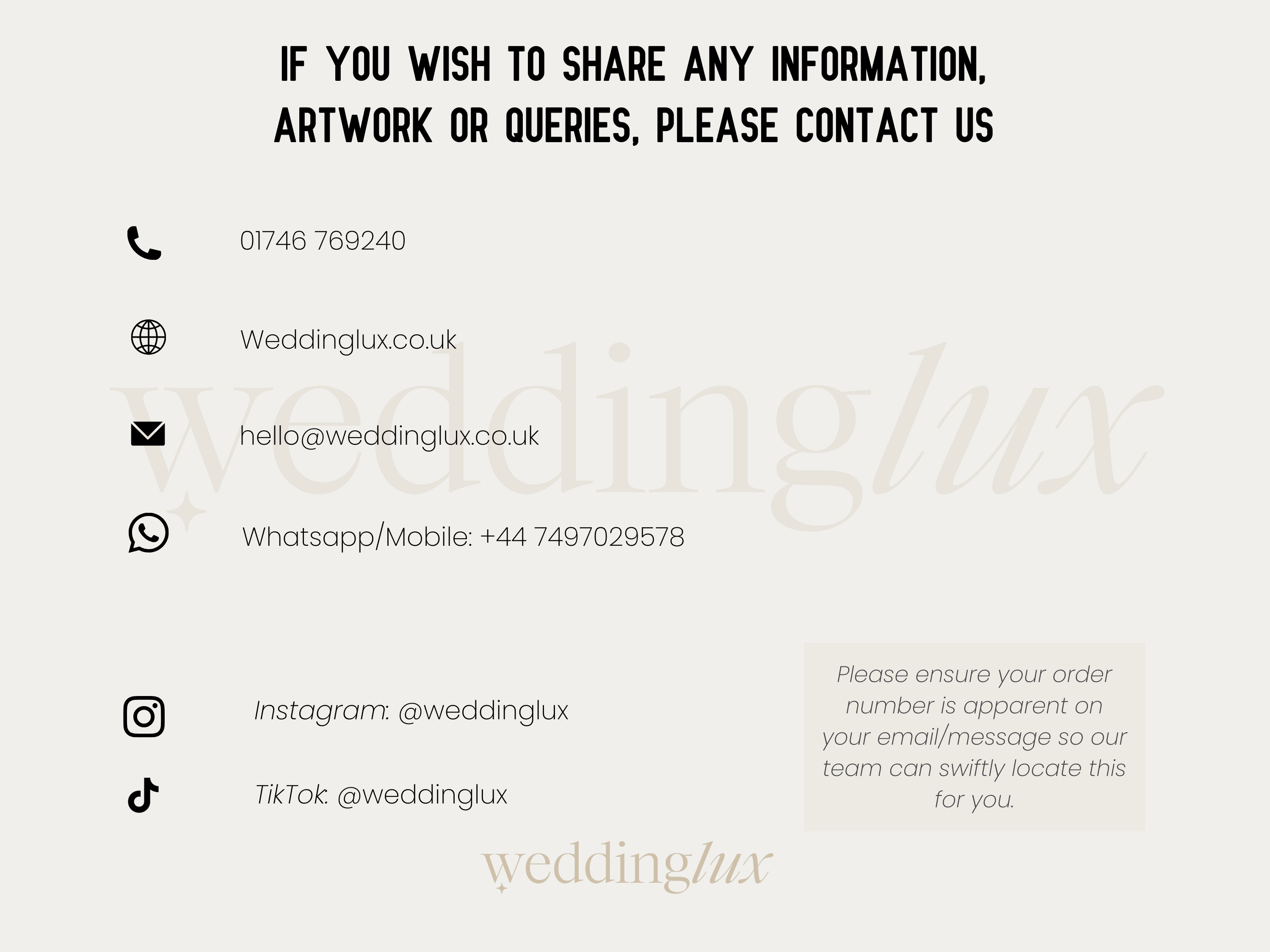 a collection of contact information for a company called Wedding Luxx, including a phone number, email address, and social media handles. The company is located in the UK and provides various services such as artwork, inquiries, and ordering.