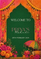 The image is a colorful and ornate invitation for Priya's Mehndi, featuring a green archway with decorative elements such as flowers, tassels, and lanterns. The text "Welcome to Priya's Mehndi" is prominently displayed, and the date "28th February 2019" is also included.