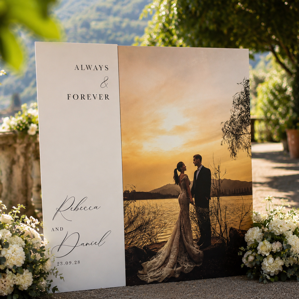 a wedding invitation with a couple standing in front of a scenic sunset. The text on the invitation reads "Always & Forever" and "Riley & Daniel" along with the date "25.09.28".