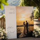 a wedding invitation with a couple standing in front of a scenic sunset. The text on the invitation reads "Always & Forever" and "Riley & Daniel" along with the date "25.09.28".