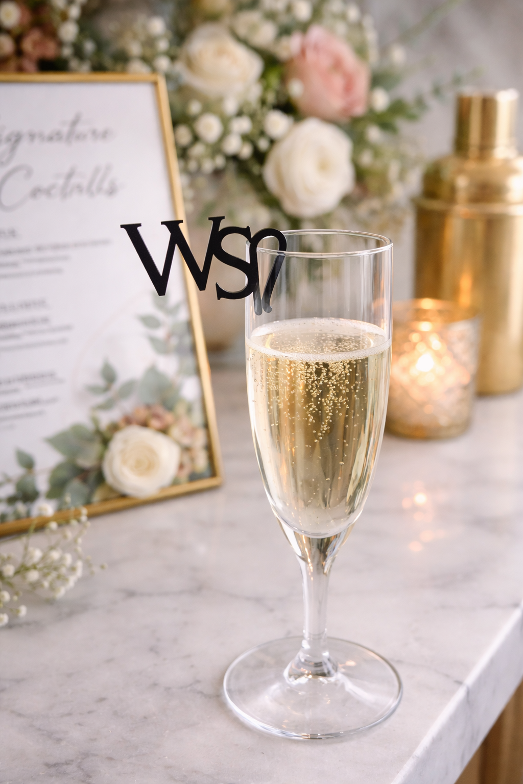 a glass of champagne with a black "WSN" sign on top, placed on a marble countertop. In the background, there is a framed menu, a vase of flowers, and a candle, creating a festive and elegant atmosphere.