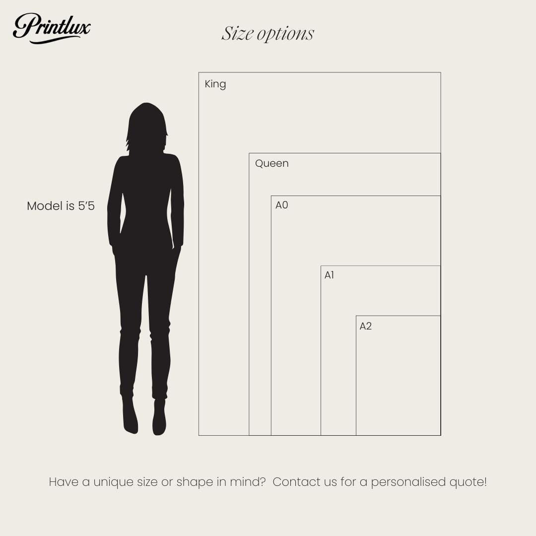 A silhouette of a person standing next to a size chart.