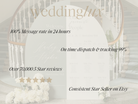 The image is a wedding invitation featuring a white arch with the text "weddinglux" and a list of details about the wedding service.