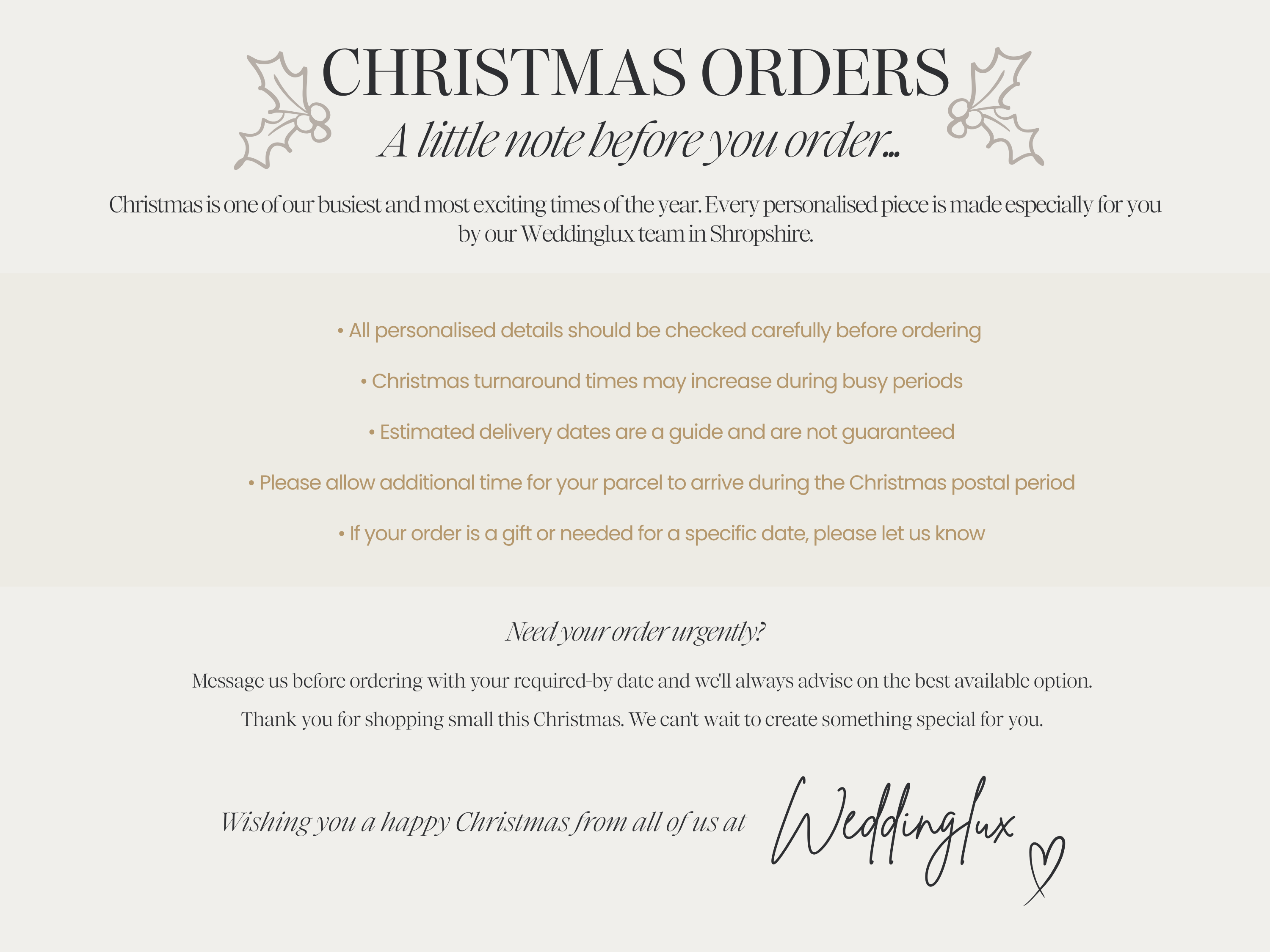 The image is a Christmas order form with a message from the Weddington team in Shropshire, providing personalized details and instructions for customers.