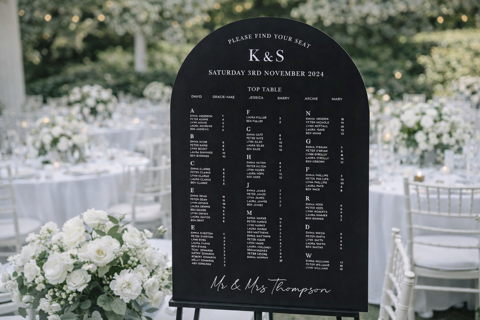 a black seating chart sign with white text, placed in a garden setting with white chairs and white tablecloths.