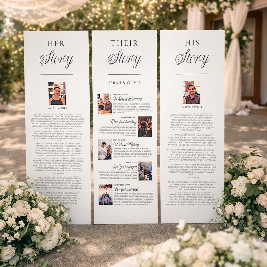 three white signs with text, each representing a different couple's wedding story. The signs are placed in front of a floral arrangement, creating a visually appealing and elegant setting.