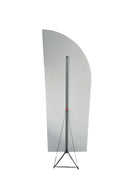 a large, white, curved structure with a triangular base and a red button on the bottom.