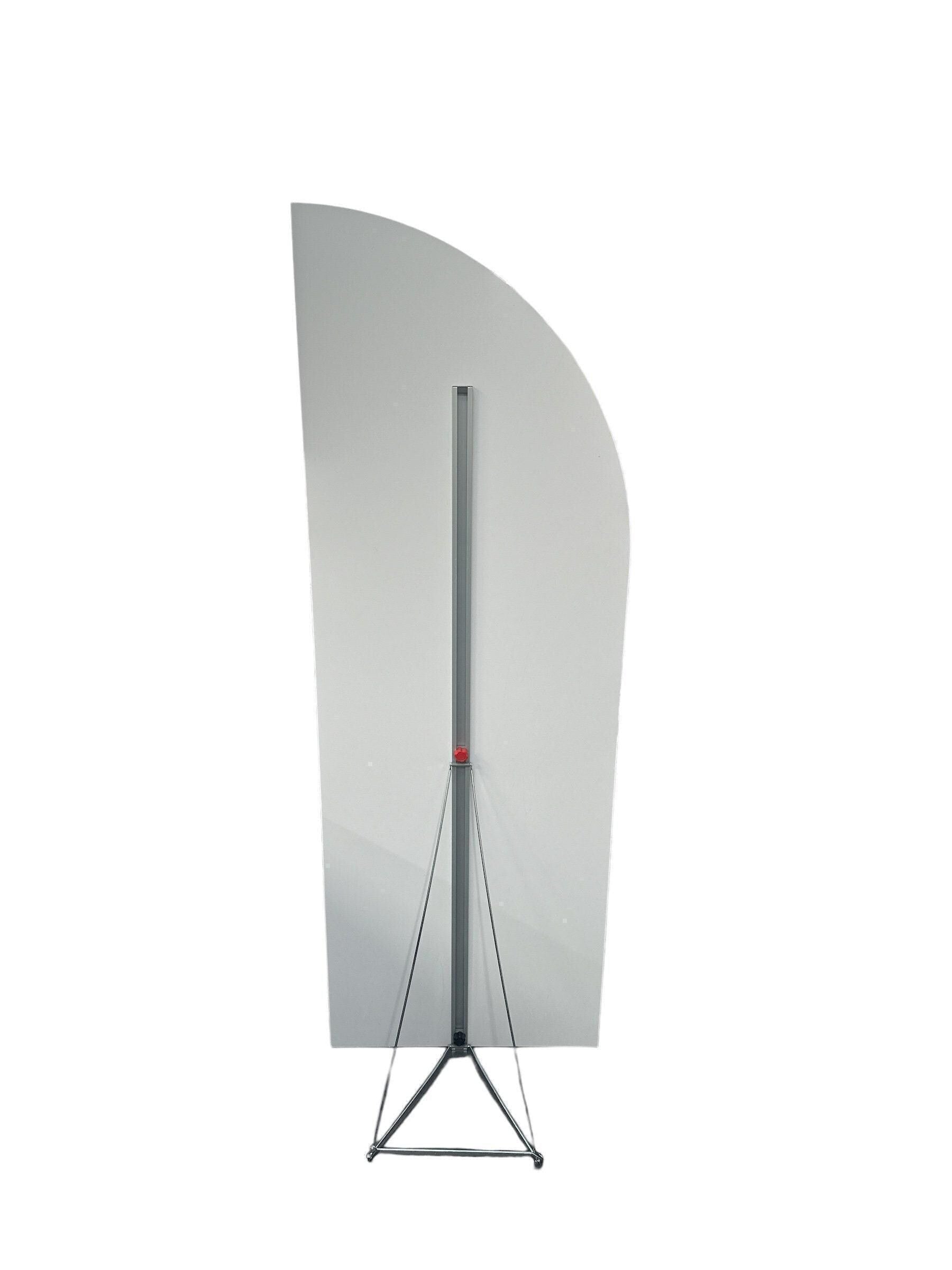 a large, white, curved structure with a triangular base and a red button on the bottom.