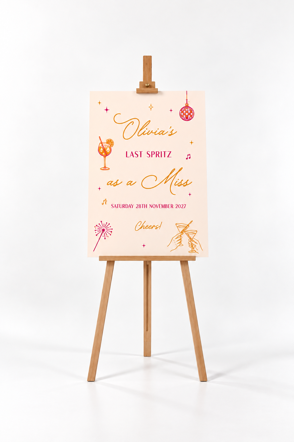The image is a poster or sign with text and illustrations, standing on a wooden easel.