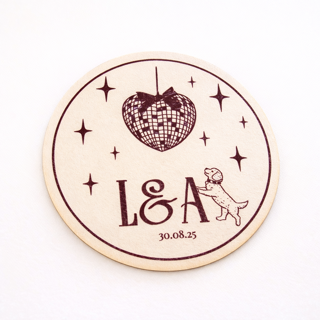A round coaster with a disco ball and a dog, along with the text "L&A" and the date "30.08.25".
