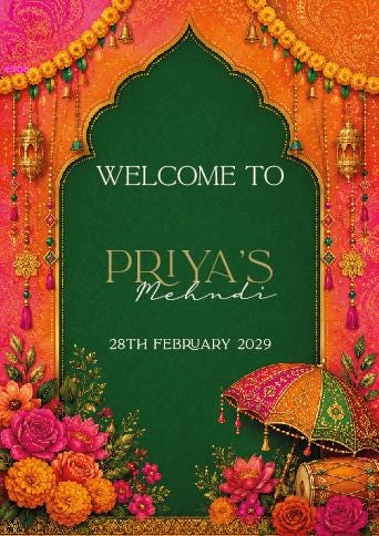 The image is a vibrant and colorful invitation for Priya's Mehndi, featuring a green archway with gold accents, flowers, and a decorative umbrella.