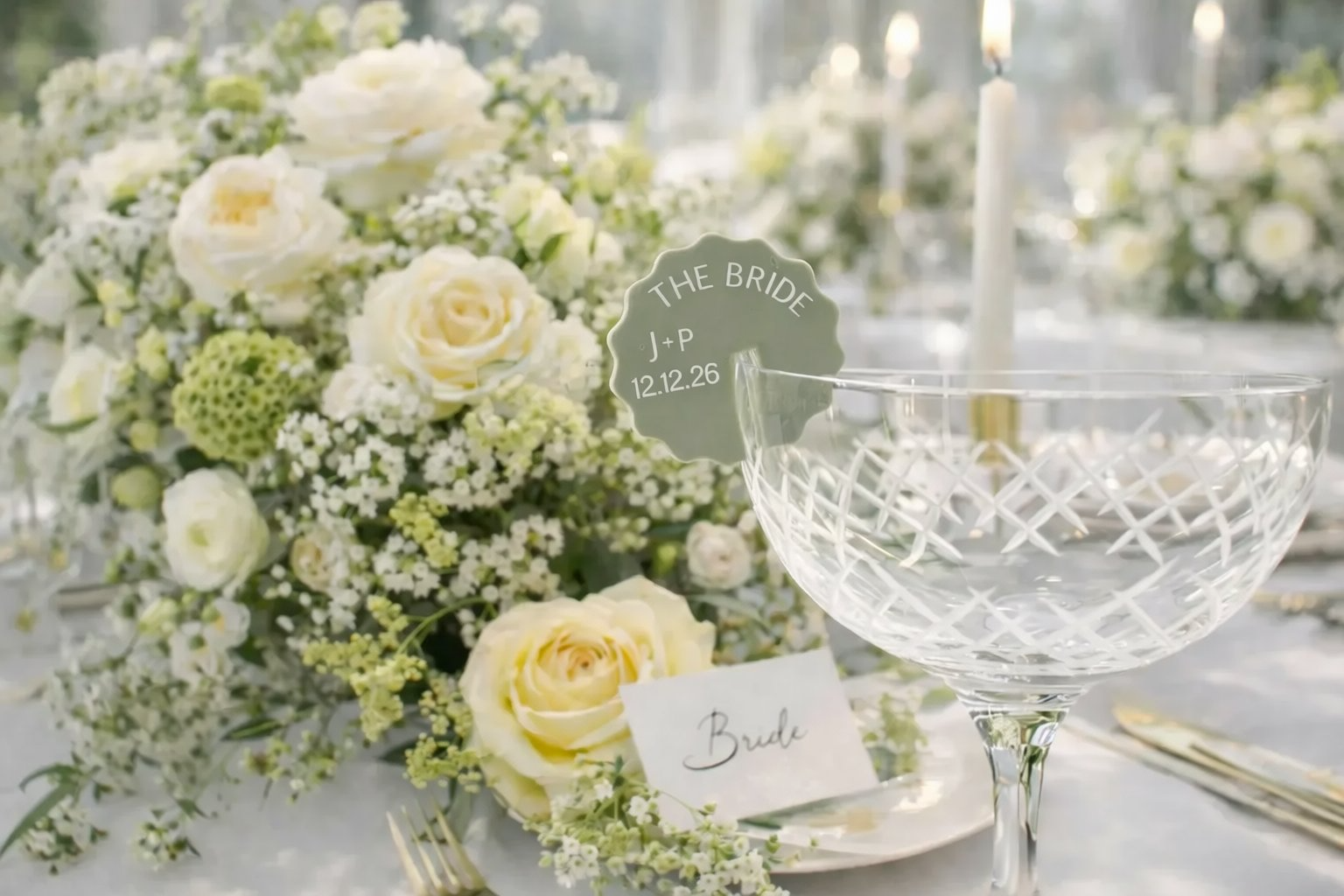a beautifully decorated wedding reception table with a large floral centerpiece, a glass bowl, and a place card for the bride.