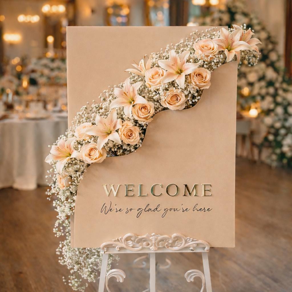A beautifully decorated wedding welcome sign with a floral arrangement of roses and baby's breath.
