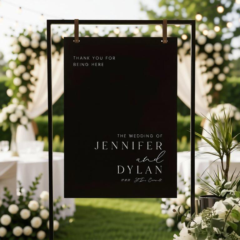 a black sign with white text, hanging in a garden setting with white flowers and greenery in the background.