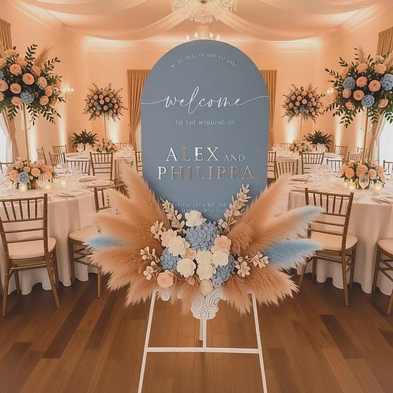 a blue sign with a floral arrangement in front of it, situated in a room with a staircase and potted plants.