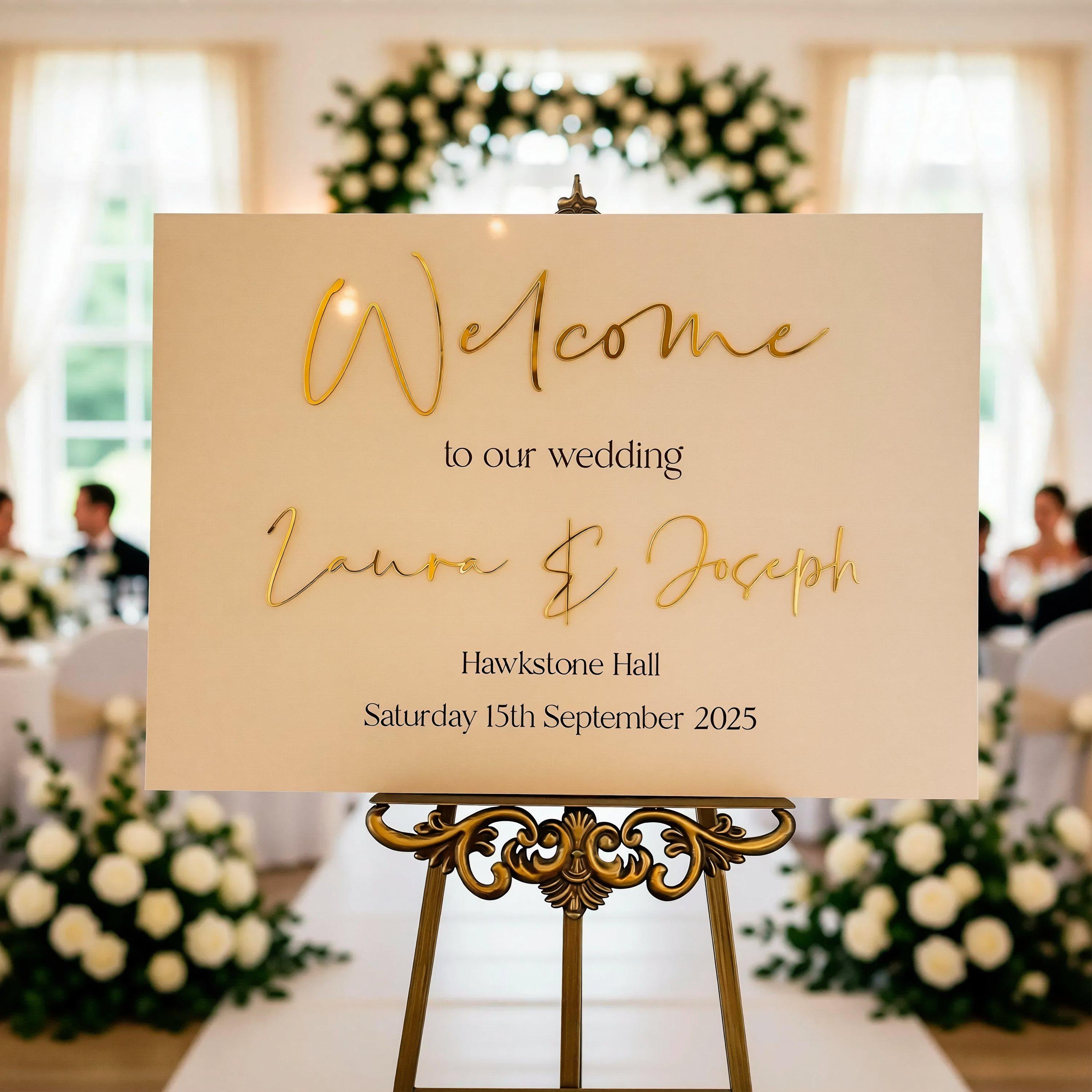 a wedding sign that reads "Welcome to our wedding Laura & Joseph, Hawksstone Hall, Saturday 15th September 2023".