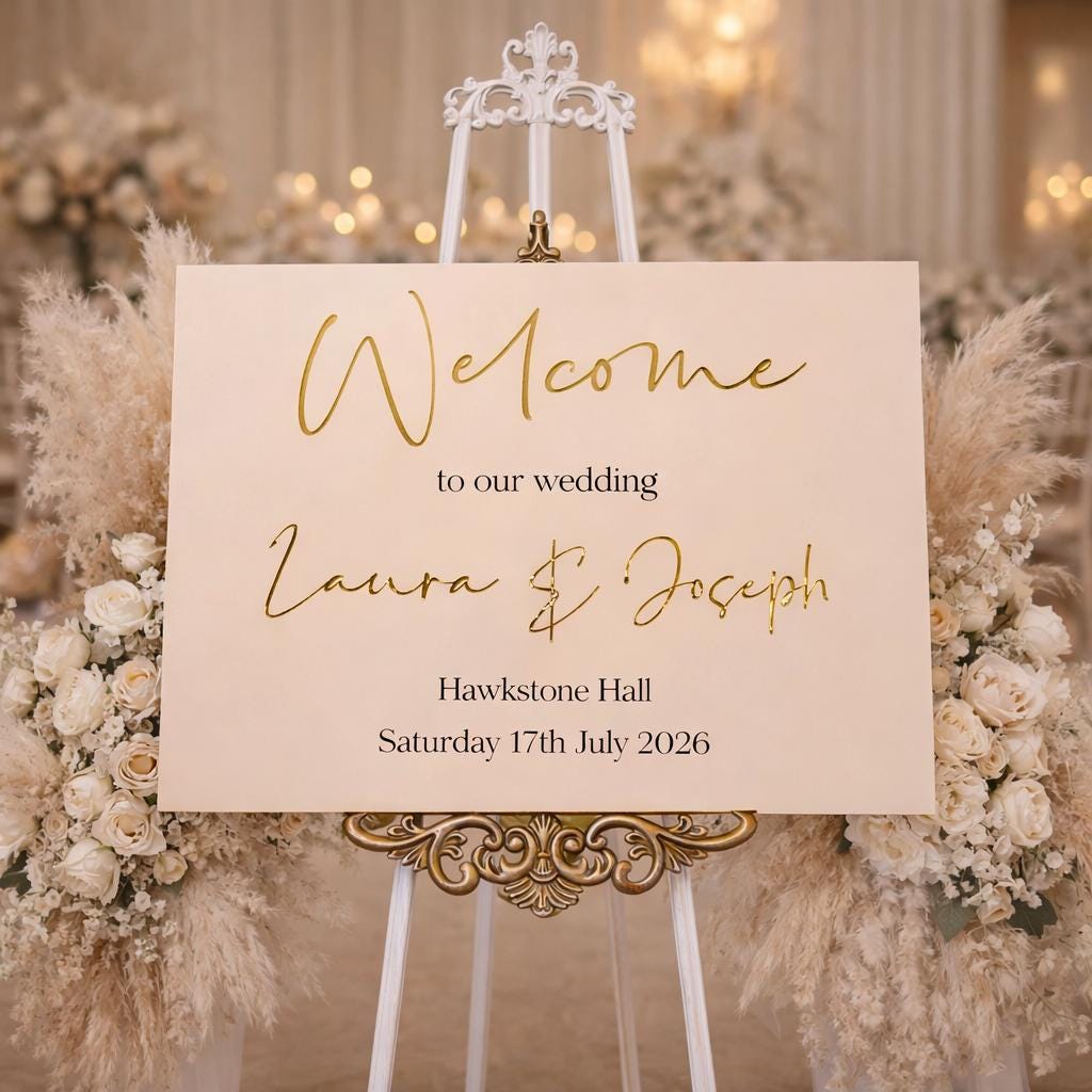 A white sign with gold lettering welcoming guests to a wedding, with a floral arrangement in the background.