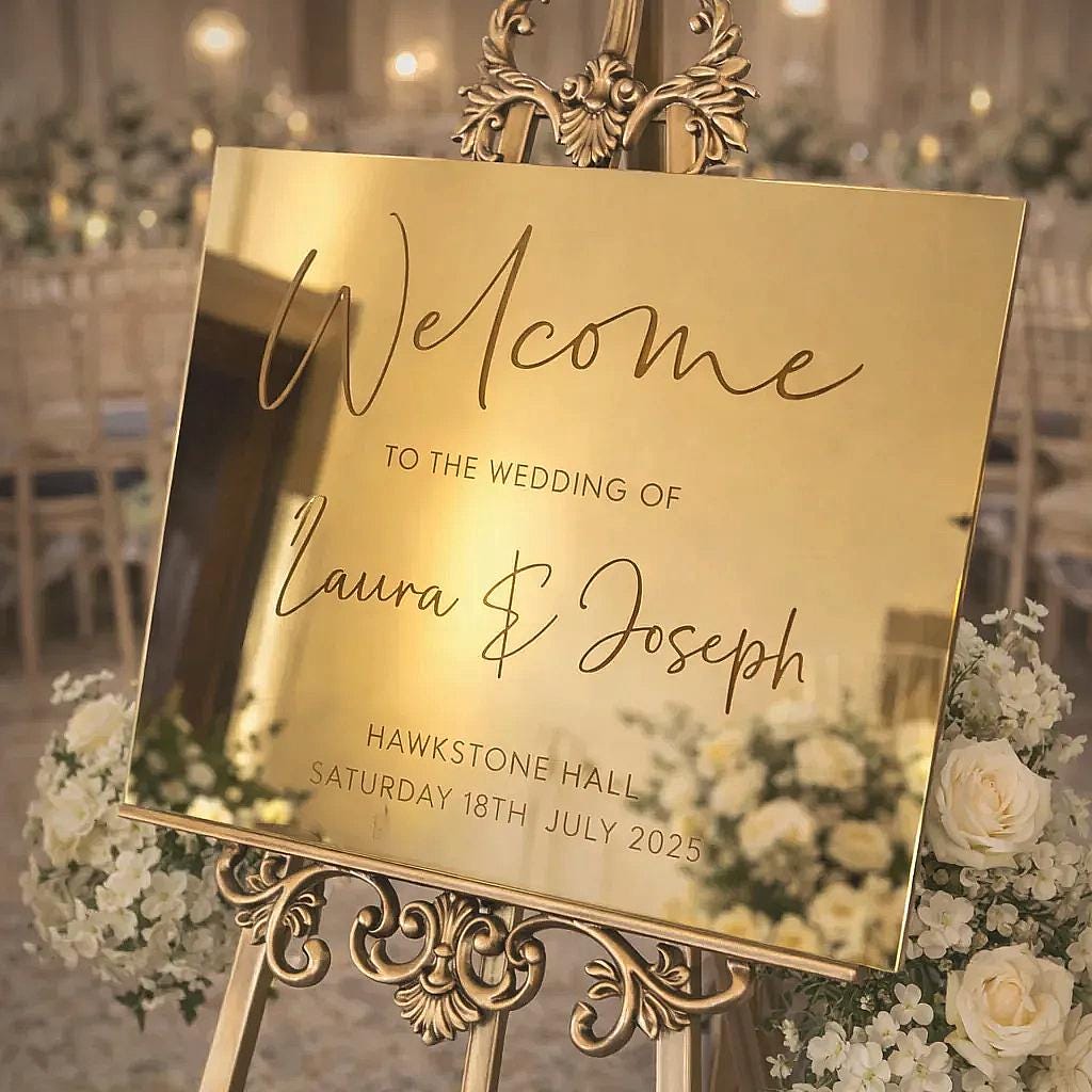 a wedding invitation sign with the text "Welcome to the Wedding of Laura & Joseph" and "HAWKSTONE HALL SATURDAY 18TH JULY 2025".