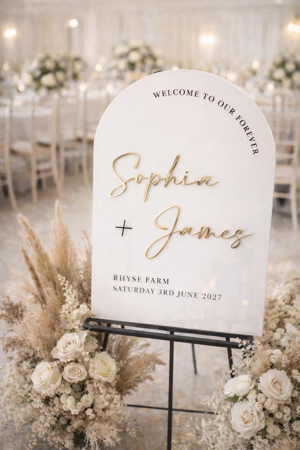 a wedding welcome sign with the names "Sophia + James" and the date "Saturday 3rd June 2027". The sign is surrounded by a floral arrangement, and there are chairs and tables visible in the background.