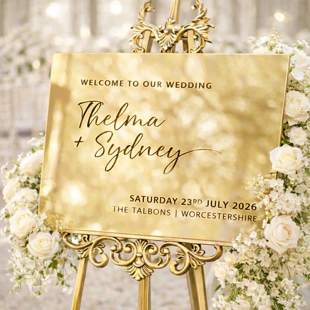a golden wedding welcome sign with the names 'Thelma + Sydney' written on it, placed in a decorative setting with white flowers.