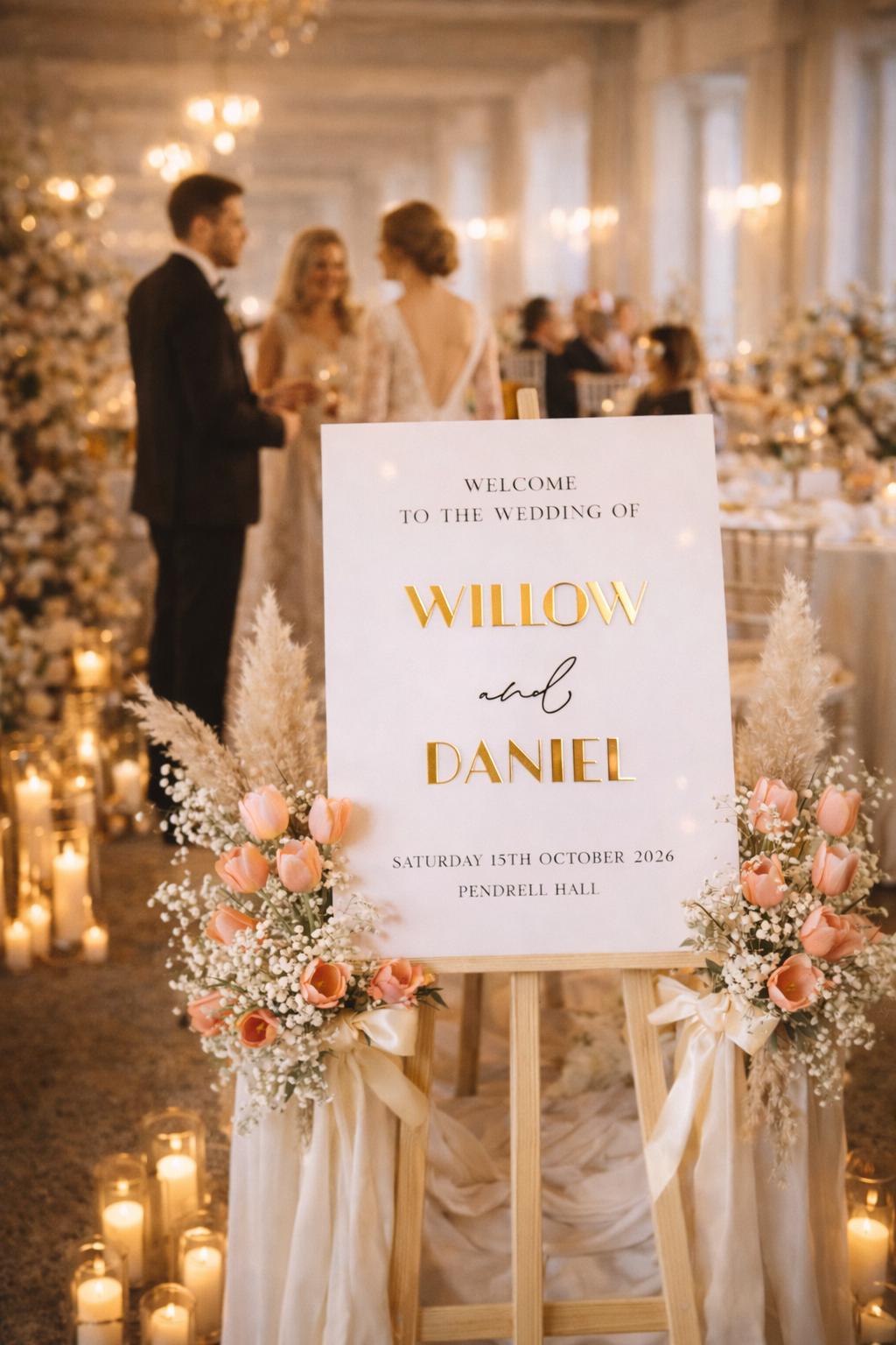a wedding reception scene with a couple standing in front of a sign welcoming guests to the wedding of Willow and Daniel. The sign is decorated with flowers and candles, creating a warm and inviting atmosphere.