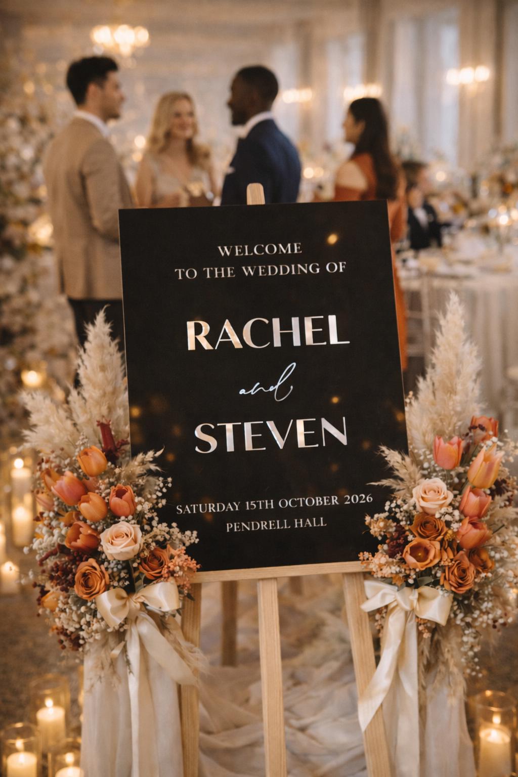 a wedding invitation sign with the names "RACHEL and STEVEN" and the date "SATURDAY 15TH OCTOBER 2026 PENDRELL, HALL" displayed on it. The sign is surrounded by floral arrangements and candles, creating a warm and inviting atmosphere.