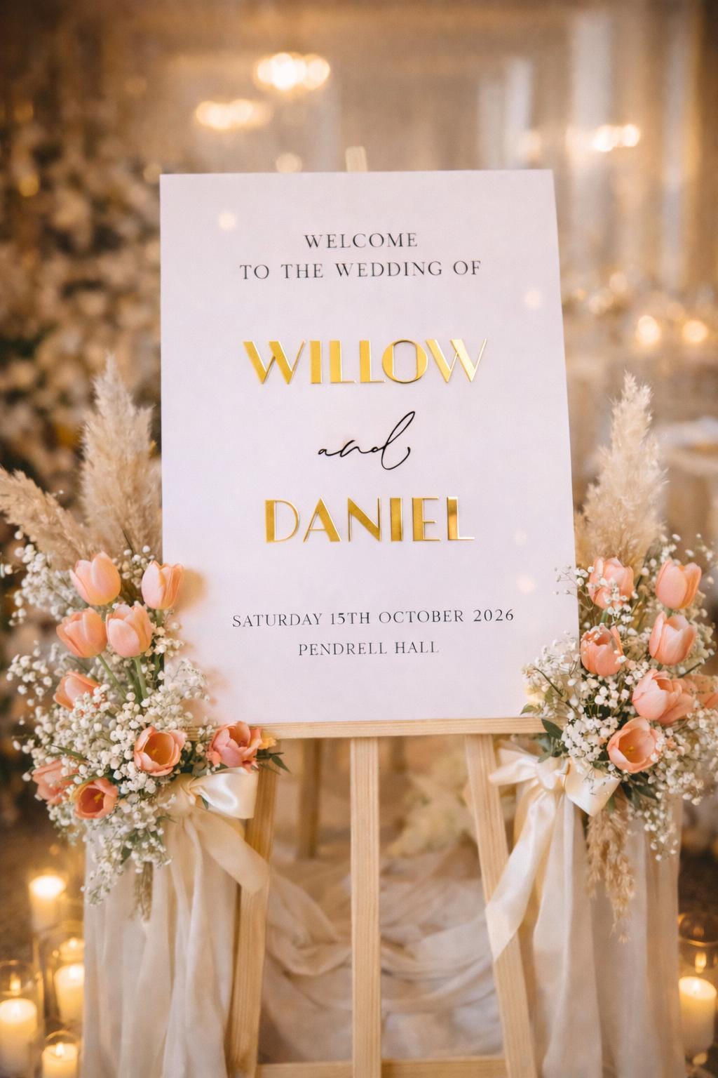 a wedding welcome sign with the names 'Willow' and 'Daniel' on it, surrounded by flowers and candles.