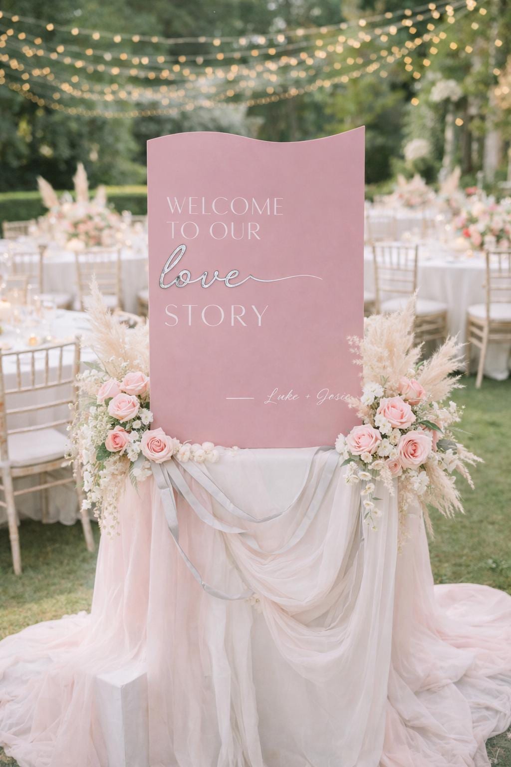 A pink sign with the text "Welcome to our love story" is displayed in a garden setting, surrounded by floral arrangements and string lights.
