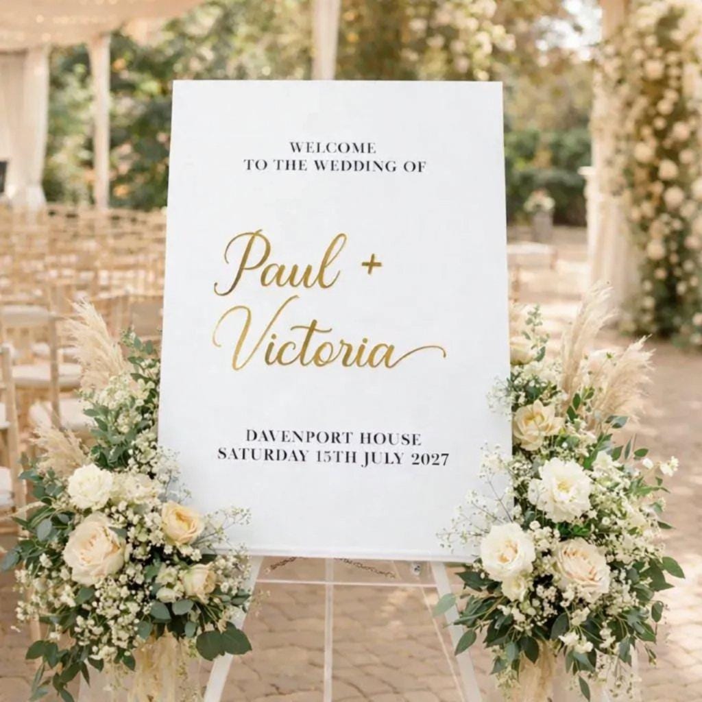 a white sign with gold lettering welcoming guests to the wedding of Paul and Victoria. The sign is surrounded by floral arrangements, and the background includes trees and a building.