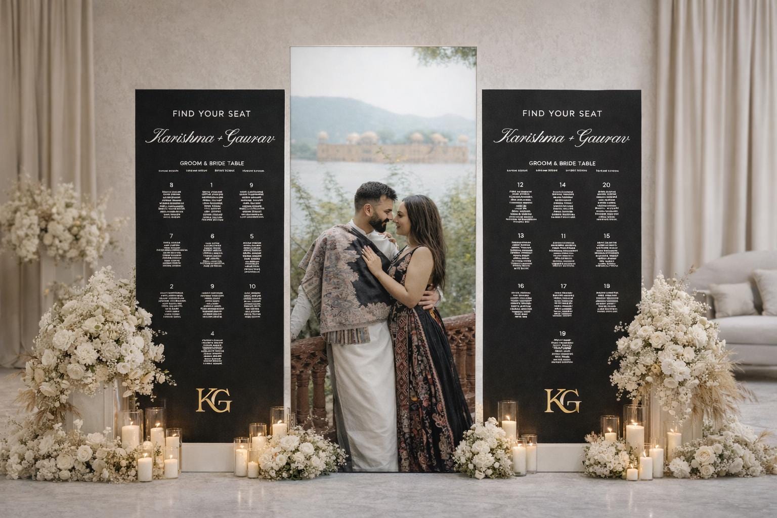 A couple embracing in front of a seating arrangement for a wedding reception, with a scenic backdrop.
