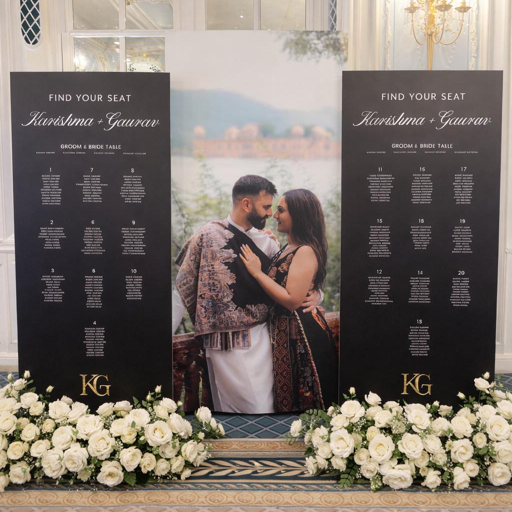 a couple embracing in front of a floral arrangement, with two black banners displaying seating arrangements for an event.