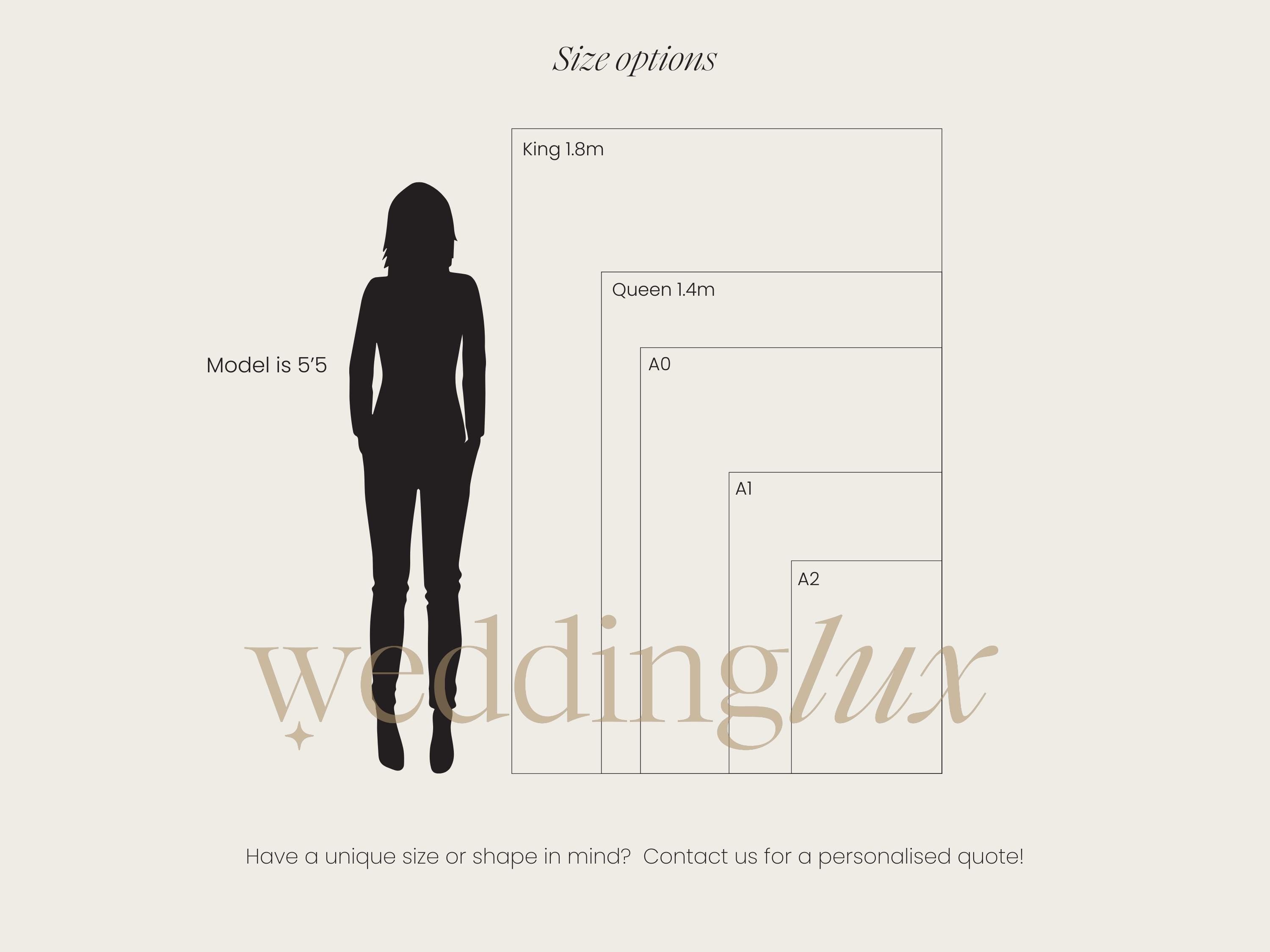 The image is a size chart for wedding photography, showing the different sizes available for a model.