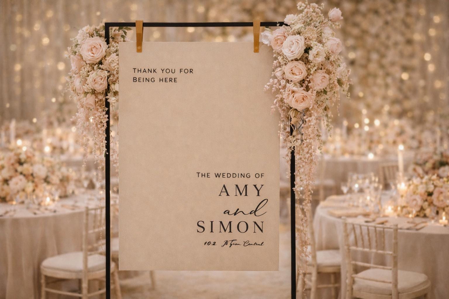 a wedding sign with a floral design and text, placed in a setting with tables and chairs, suggesting a wedding reception.