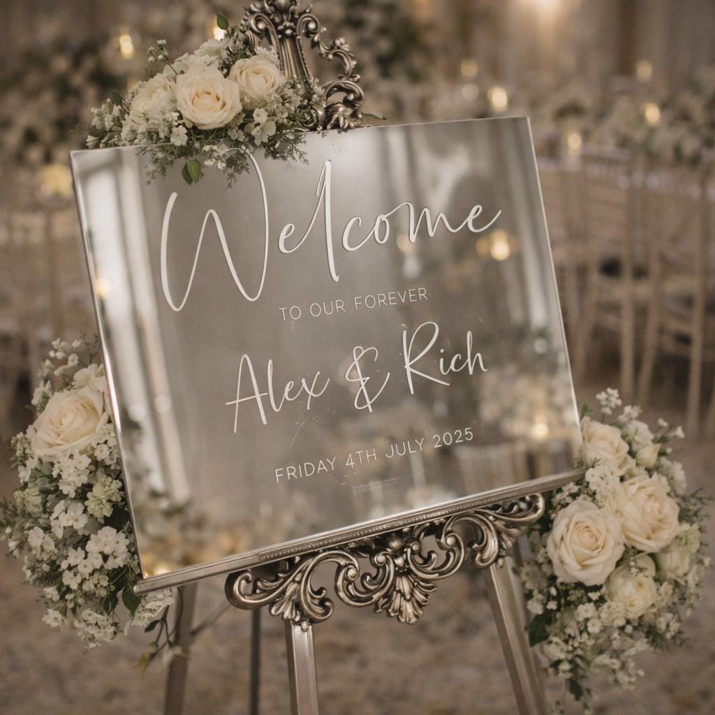 A large mirror with a sign that reads "Welcome to our forever Alex & Rich" on it, surrounded by white flowers.
