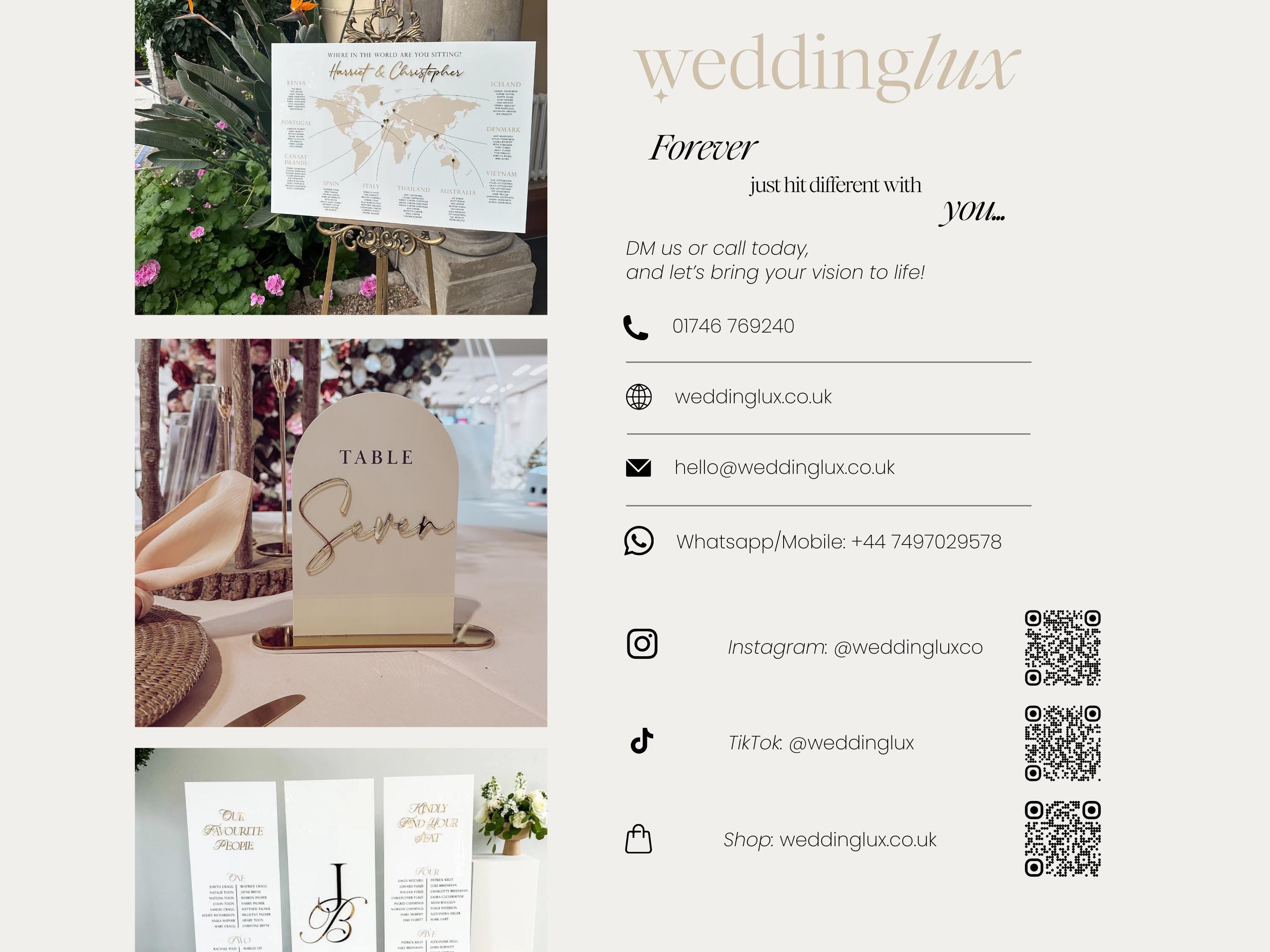 The image is a collage of wedding-related images, including a seating chart, a table setting, and various social media icons.