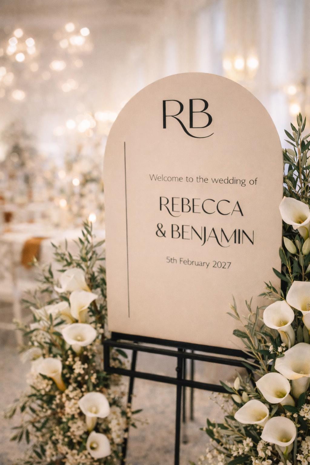 a wedding welcome sign with the names Rebecca and Benjamin, and the date of their wedding, 5th February, 2027.