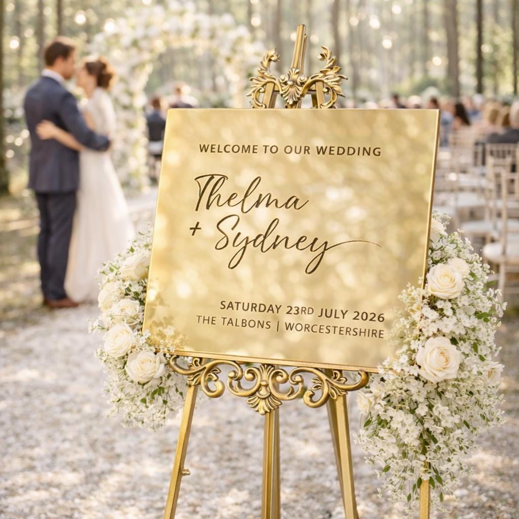 a golden wedding sign welcoming guests to a wedding ceremony.