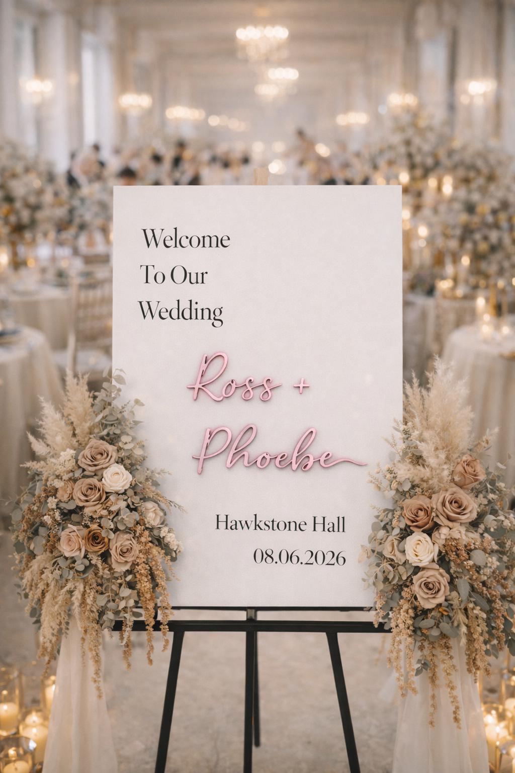 a wedding reception sign with the names 'Ross & Phoebe' and the date '08.06.2026' displayed on it. The sign is surrounded by floral arrangements, and the background shows a large floral display and chandeliers, suggesting a formal and elegant setting.