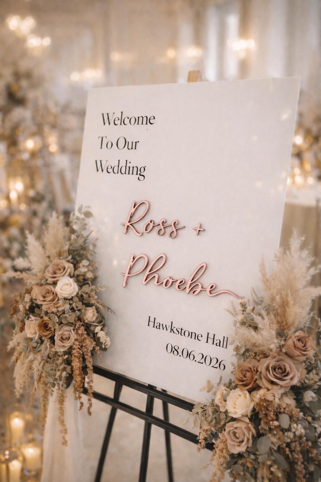 a wedding welcome sign with the names "Ross & Phoebe" and the date "08.06.2026" displayed on it. The sign is surrounded by floral arrangements, creating a warm and inviting atmosphere for the wedding ceremony.