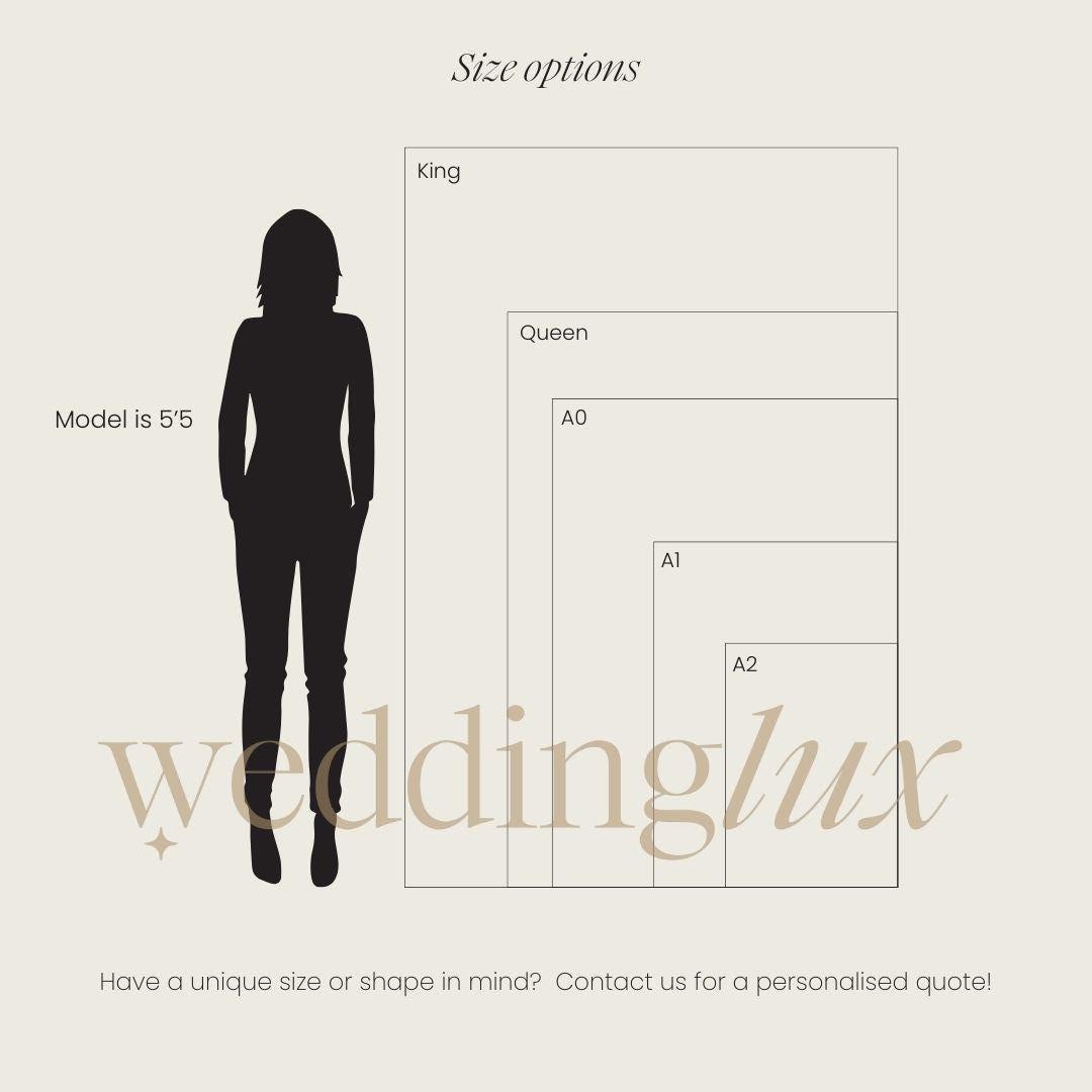 The image is a size chart for wedding photography, showing different sizes of a model, from 5'5" to A2" and providing a visual representation of the available sizes.