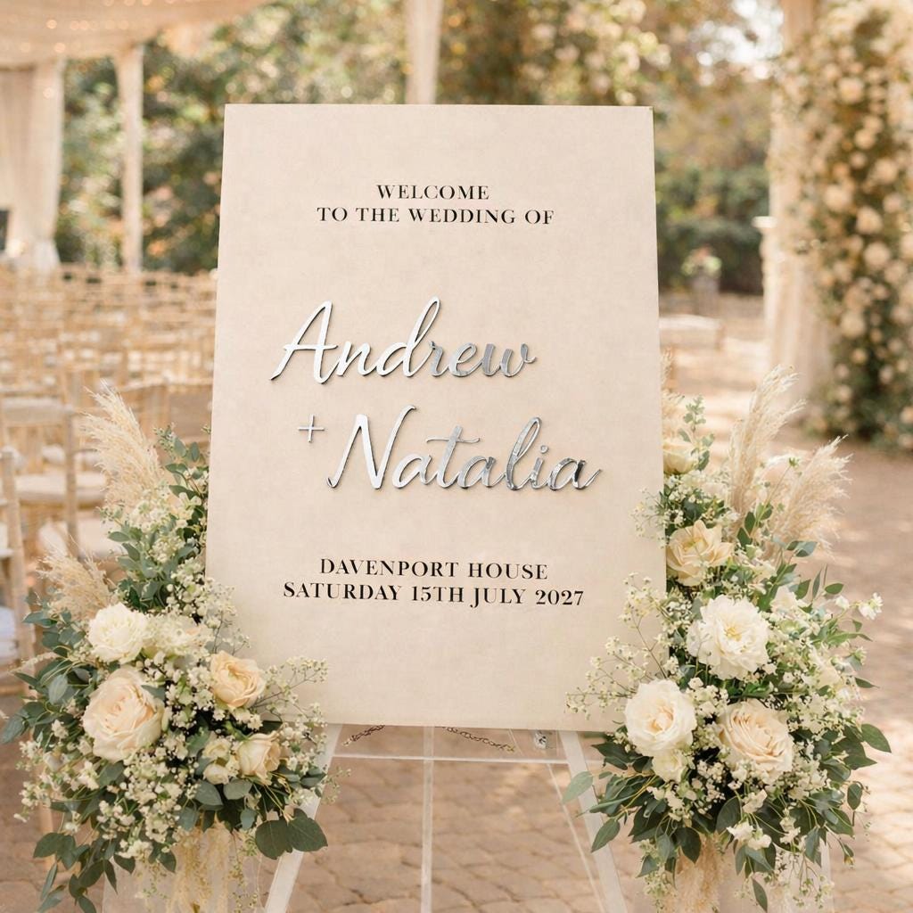a wedding invitation sign with the names Andrew and Natalie, welcoming guests to the wedding of them. The sign is decorated with white flowers and greenery, creating a beautiful and elegant atmosphere.