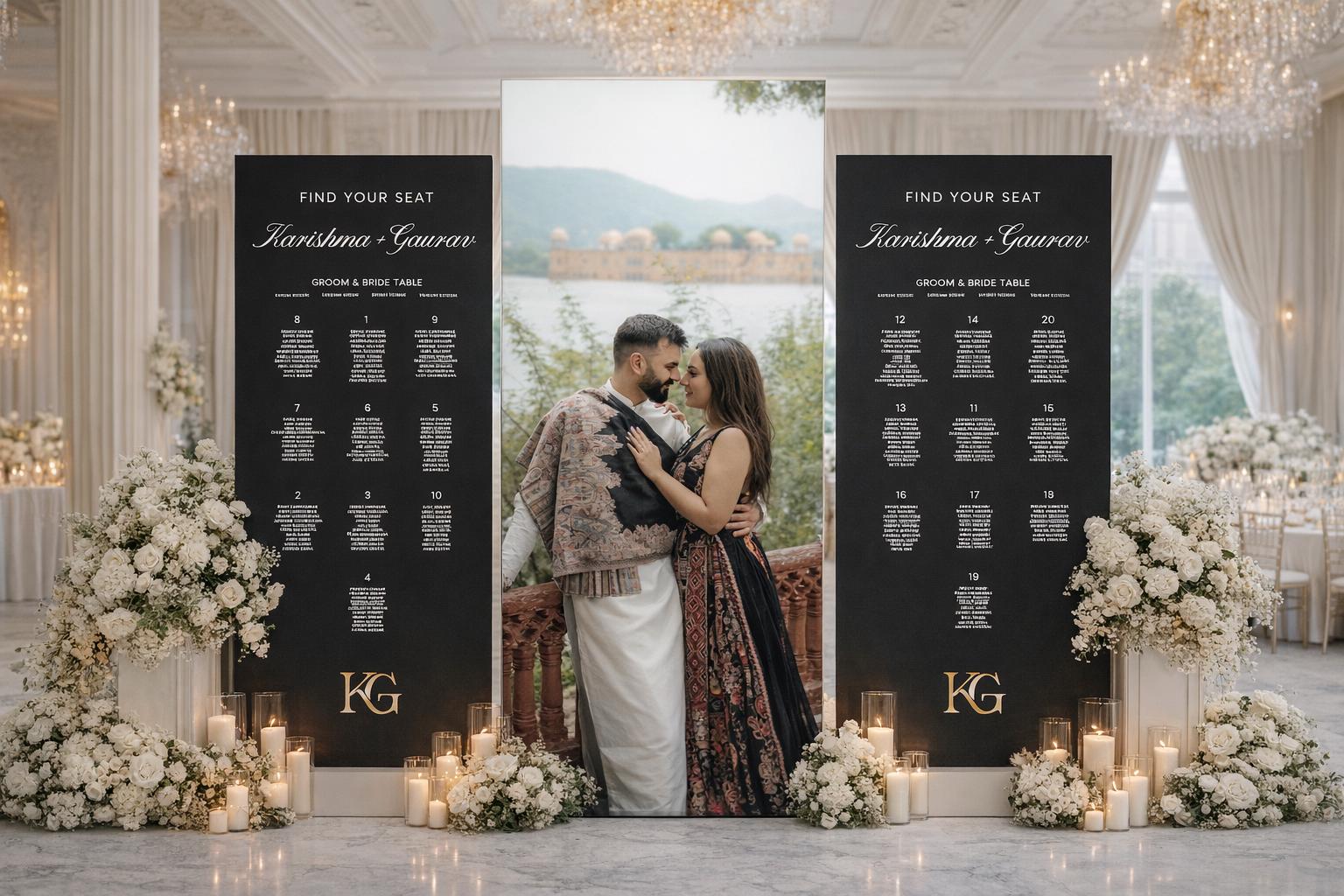 A couple embracing in a beautifully decorated wedding setting, with a seating chart displayed on the left side and a table setup on the right side.