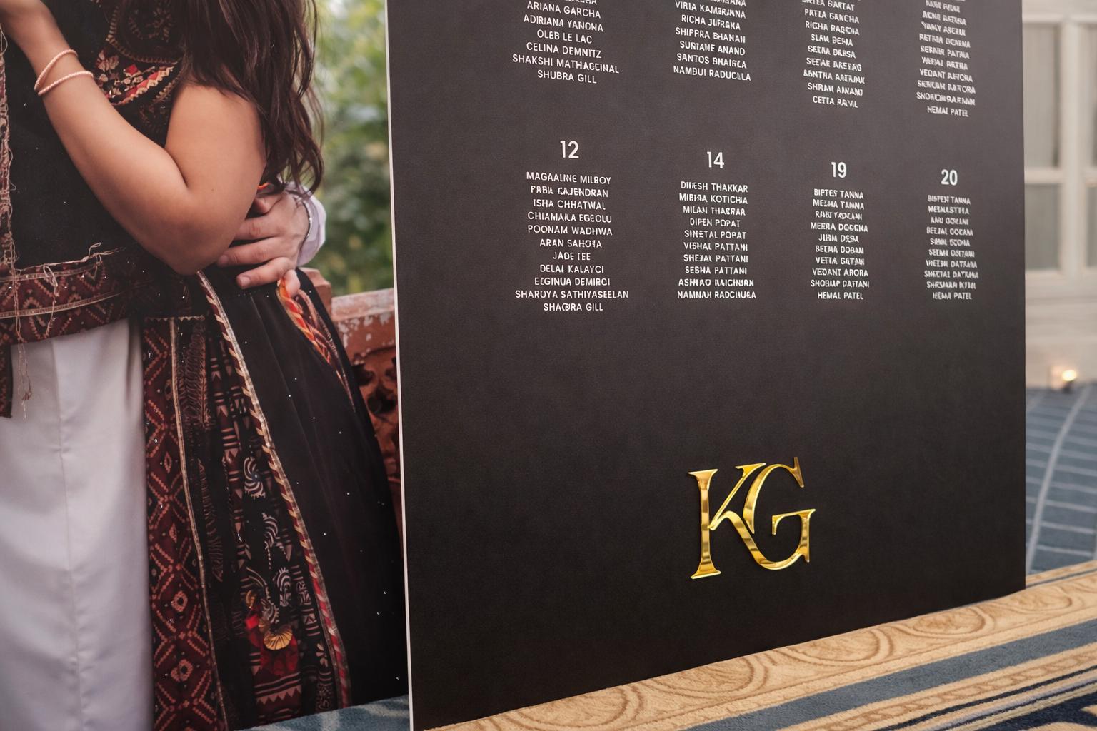 a black sign with white text and a gold logo, and a person wearing a traditional dress is standing next to the sign.